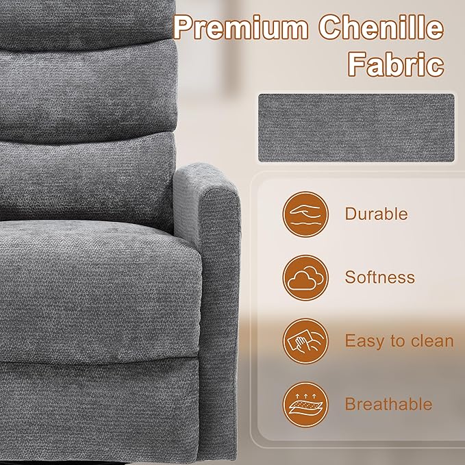 Manual Swivel Rocker Recliner Chair for Adults, Overstuffed Reclining Glider Chair for Nursing with Vibration Massage & Heat, Living Room Rocking Recliner 3-Stage backrest, Chenille Fabric Dark Gray