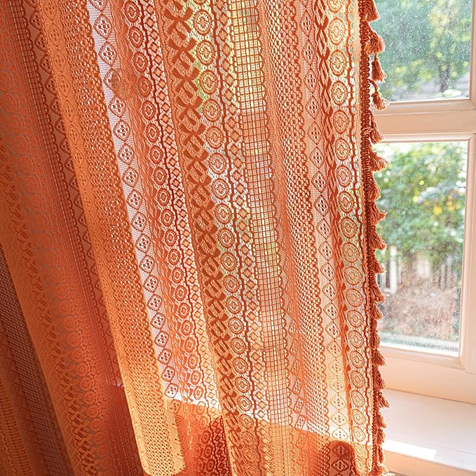 Sutuo Home Burnt Orange Boho Curtains 84 inches Long for Bedroom Living Room, Terracotta Crochet Lace Sheer Bohemian Hollow Knitted Tassels,Window Treatment Drapes Fall Decor, 1 Panel 59" W x 84" L