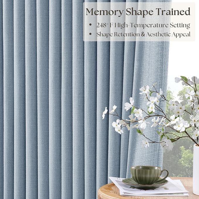Blue Pinch Pleated Linen Blackout Dual Layer Curtains 108 Inches Length | Light - Image 4