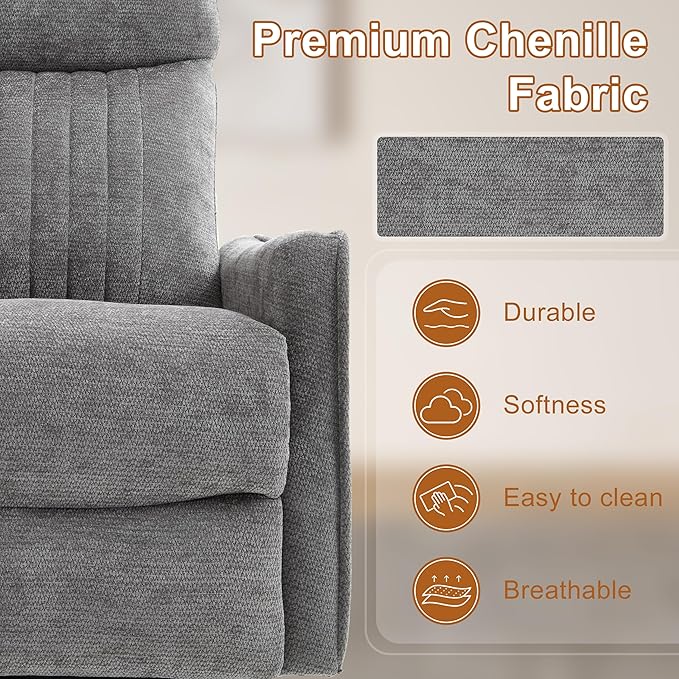 Manual Swivel Rocker Recliner Chair for Adults, Overstuffed Reclining Glider Chair for Nursing with Vibration Massage & Heat, Living Room Rocking Recliner 2-Stage backrest, Chenille Fabric Dark Gray