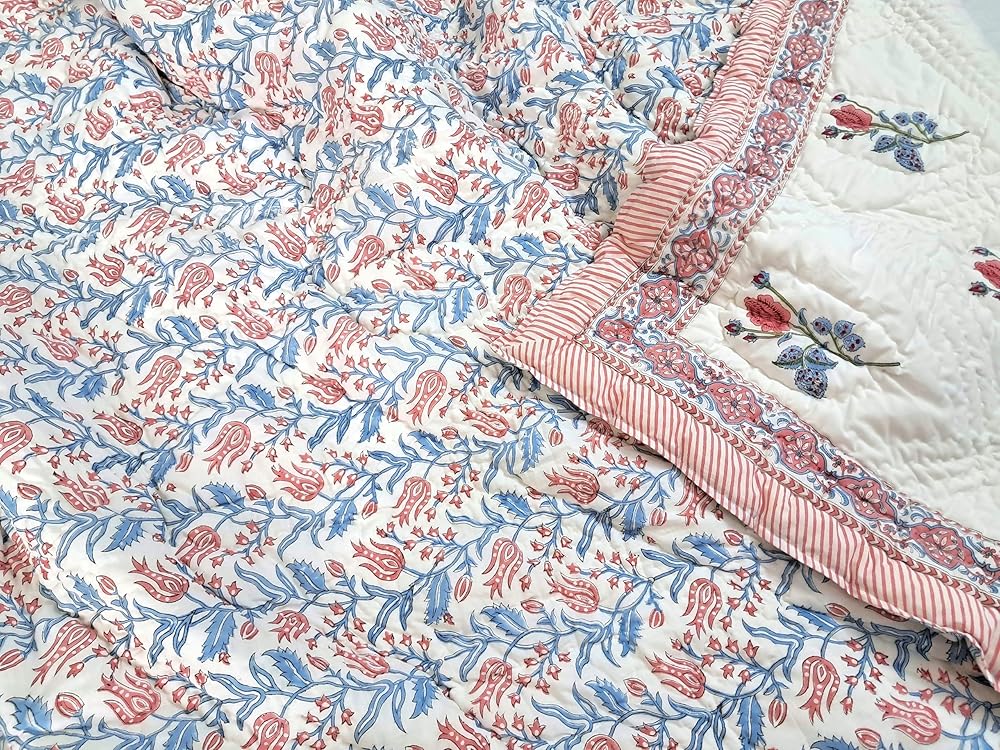 Twin Size Rose Pink Cotton Throw Blanket – 60x90 Hand Block Printed Lightweight Quilt – Soft Bedspread for Couch, Sofa & Bed – Cozy All-Season Boho Floral Blanket – Handmade in India