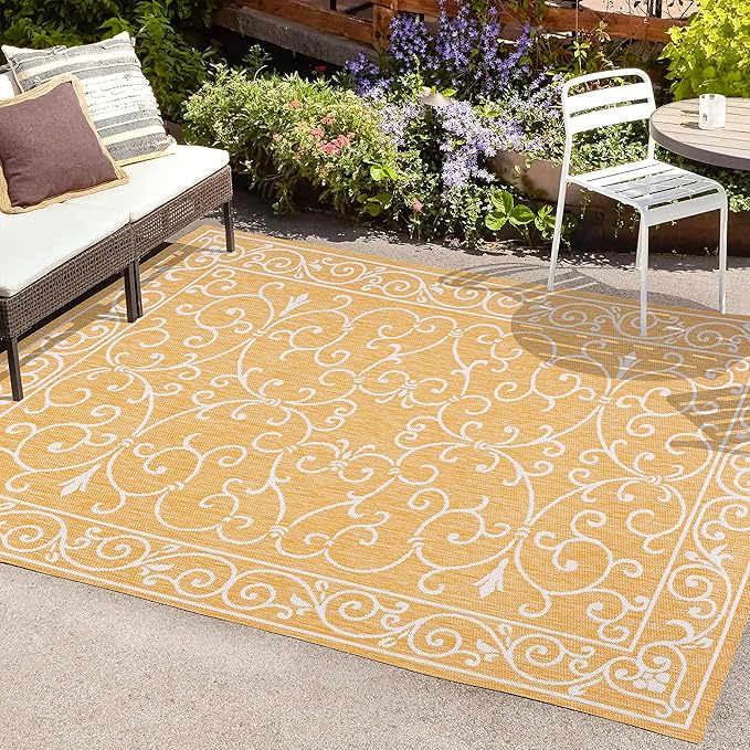 JONATHAN Y Vintage Filigree Indoor Outdoor Area Rug 5X8 Yellow/Cream, Charleston Textured Weave for Backyard, Patio, Porch, Easy-Cleaning, High Traffic, Pet-Friendly, Non-Shedding (SMB106L-5)