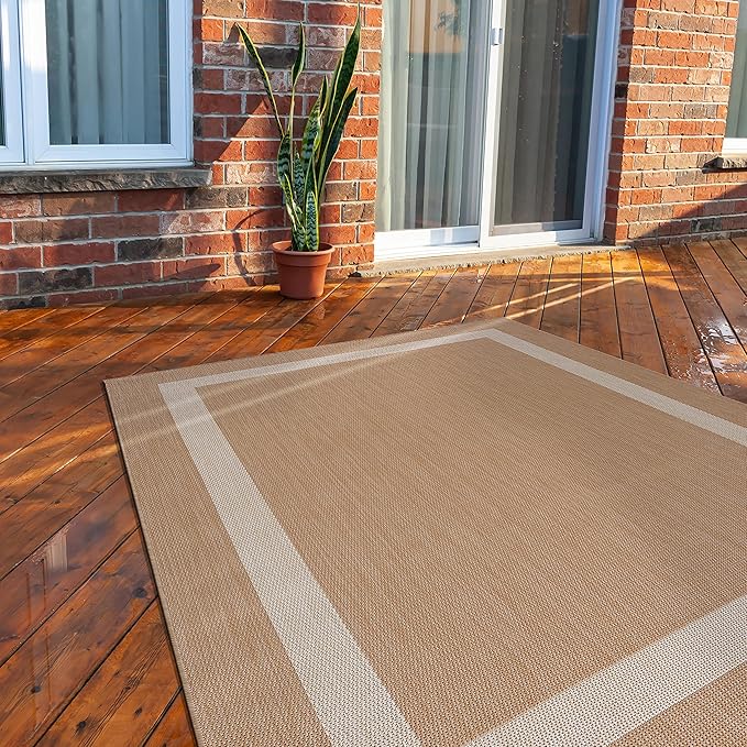 CAMILSON Outdoor Rug 9x12, Large Modern Outside Rugs for Patios Porches Waterproof Durable Washable Non-Shedding, Easy-to-Clean Indoor Outdoor Area Carpet (9 x 12, Bordered - Beige/White)