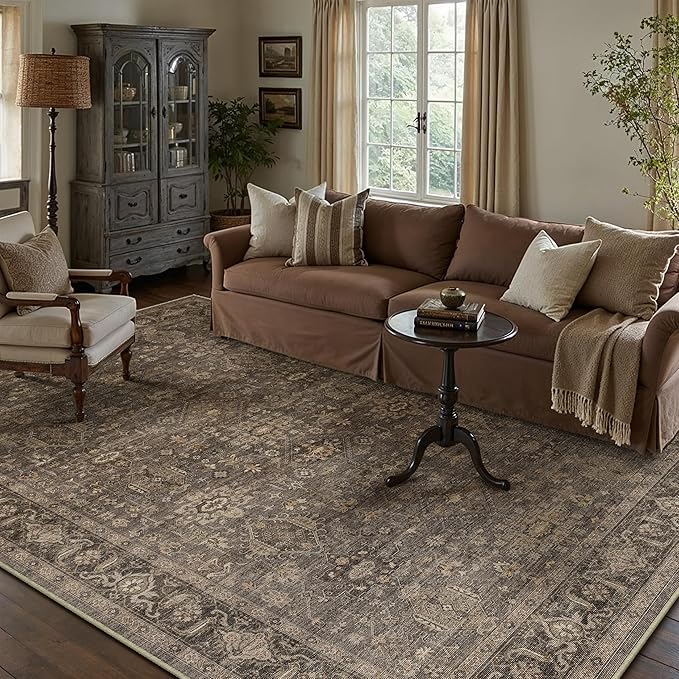 9x12 Washable Area Rug for Living Room Bedroom Vintage Brown Non Slip Carpet - Image 3