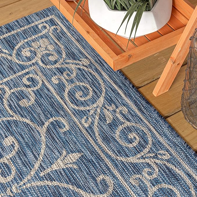 JONATHAN Y Vintage Filigree Indoor Outdoor Round Area Rug 4 Ft Navy/Gray, Charleston Textured Weave for Backyard, Patio, Porch, Easy-Cleaning, High Traffic, Pet-Friendly, Non-Shedding (SMB106D-4R)