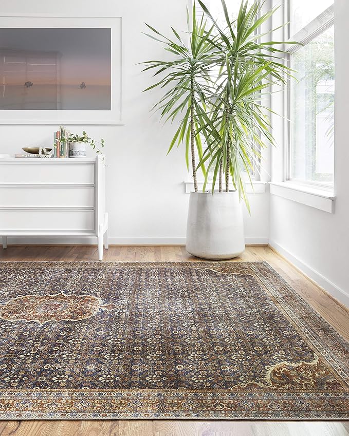 Loloi Layla Collection LAY-09 Cobalt Blue/Spice 2'-6" x 12'-0" .13" Thick Runner Rug, Soft, Durable, Vintage Inspired, Distressed, Low Pile, Non-Shedding, Easy Clean, Printed, Living Room Rug