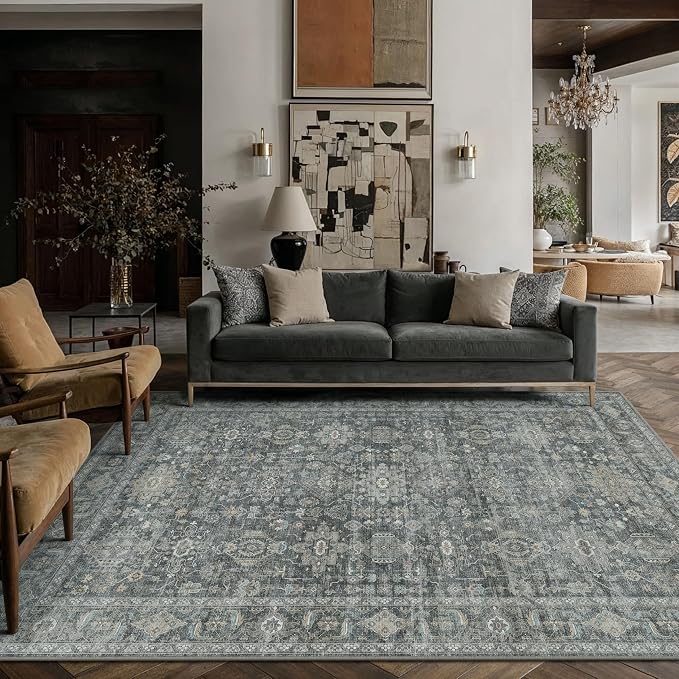 5x7 Washable Area Rug for Living Room Bedroom Vintage Black Grey Soft Low Pile by WondRg