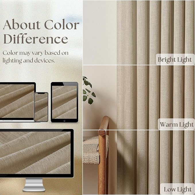 Extra Long Pinch Pleated Linen 108 Inch Curtains Tan Brown 2 Panels Set | Grey - Image 4