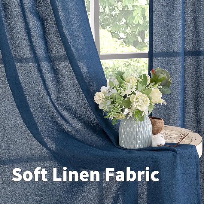 YoungsTex Navy Blue Linen Curtains 63 Inch Length 2 Panels Light Filtering | - Image 5