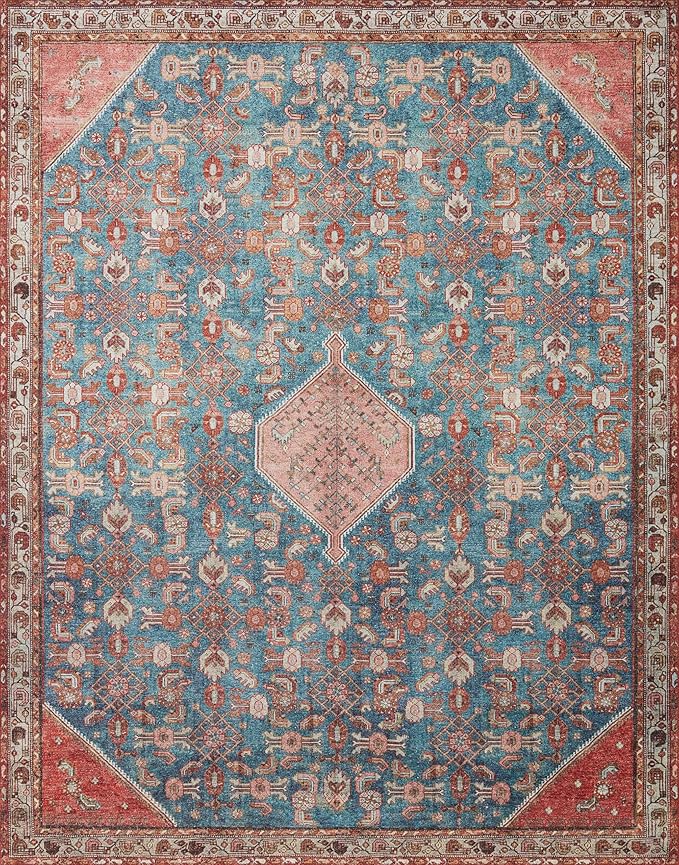 Loloi Layla Collection LAY-10 Marine/Clay 2'-6" x 9'-6" .13" Thick Runner Rug, Soft, Durable, Vintage Inspired, Distressed, Low Pile, Non-Shedding, Easy Clean, Printed, Living Room Rug