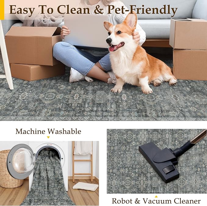 5x7 Washable Area Rug for Living Room Bedroom Vintage Black Grey Soft Low Pile - Image 4