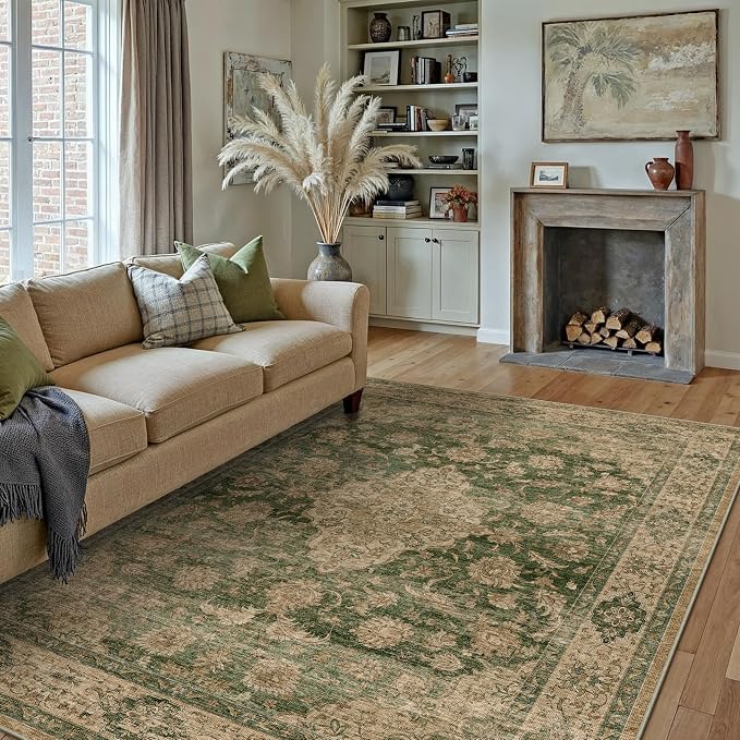 10x14 Green Retro Floral Washable Area Rug - Image 3